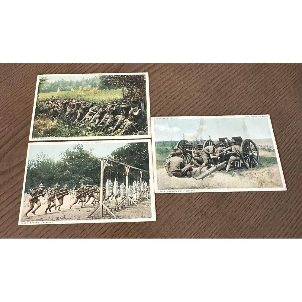 Set of 3 WW1 WWI Soldiers with Rifles Cannons Platoon Postcards UNUSED